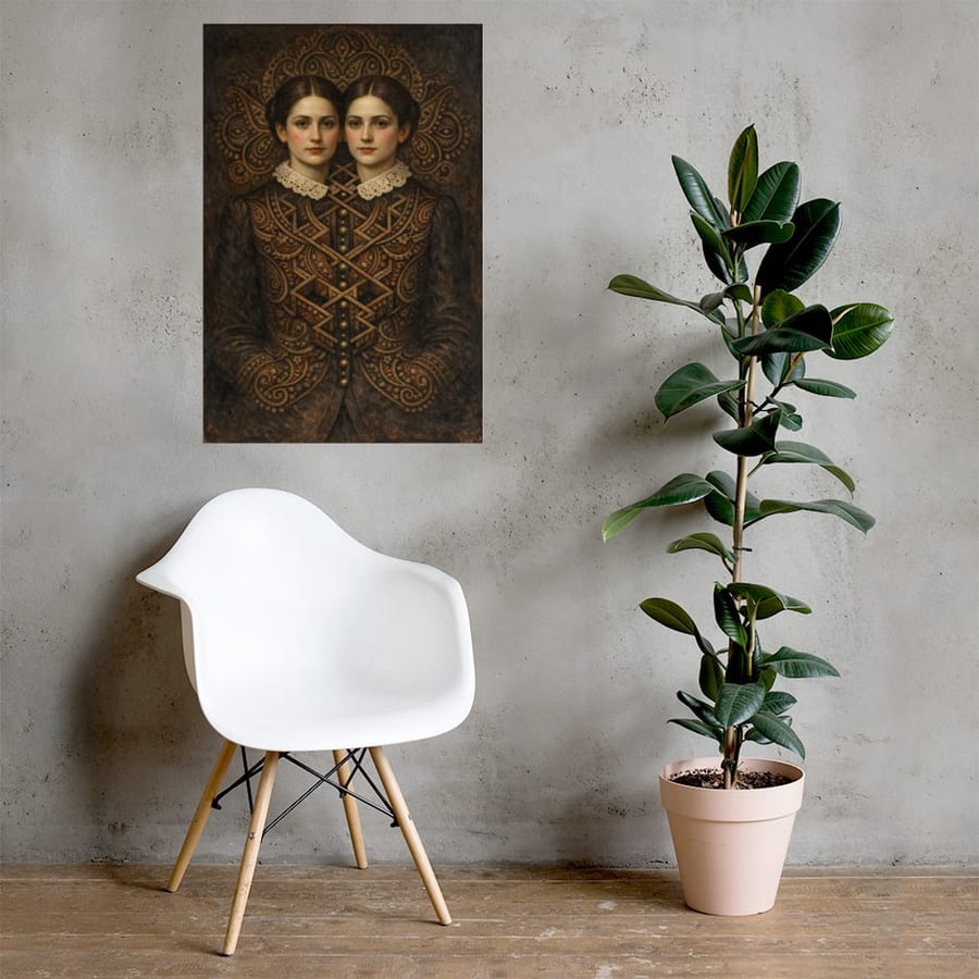 Twins in One Coat printed and photographed on a wall