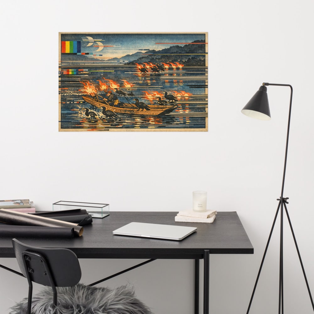 Cormorant Fishing, Ghosted printed and photographed on a wall