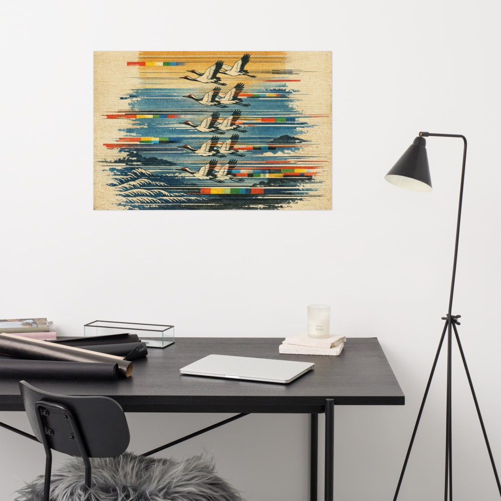 Cranes and Vertical Hold printed and photographed on a wall