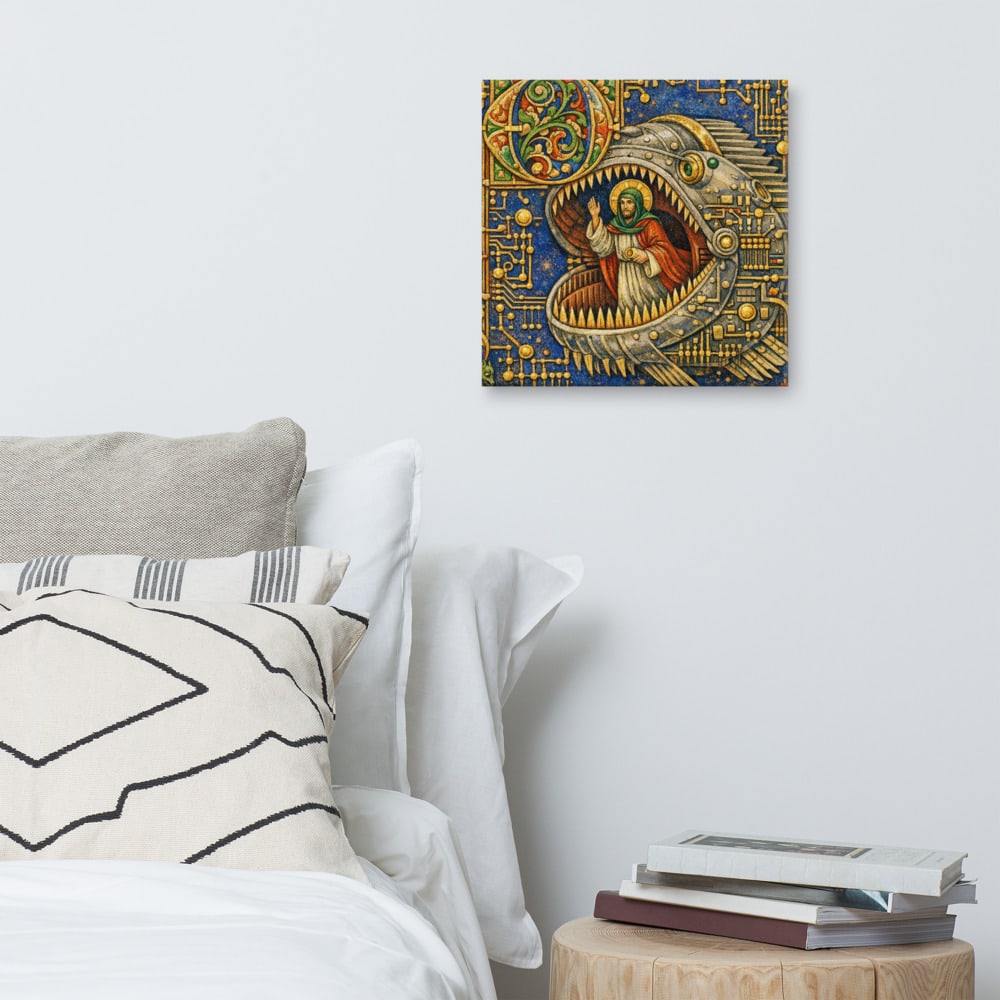 Jonah and the Heatsink printed and photographed on a wall